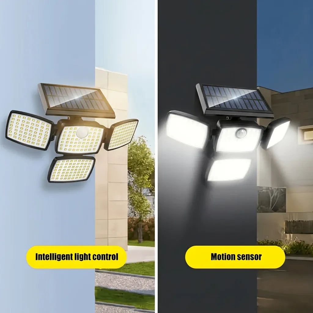 Solar security wall lamp with four LED heads on a brick wall