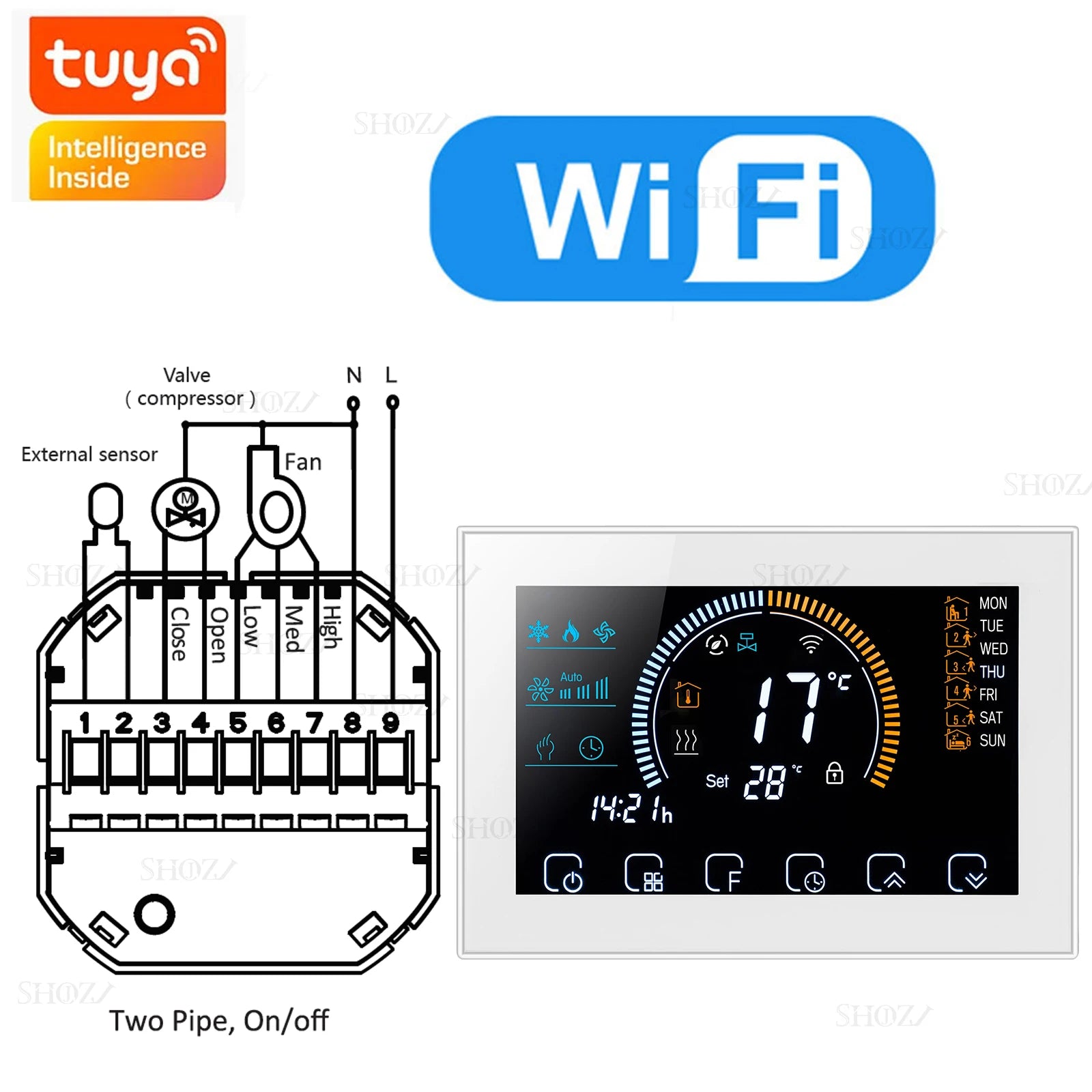 Wifi/RS485/Zigbee Thermostat Air Conditioning 3 Fan Coil Unit Home Cooling/Heating 2/4 Pipe Temperature Controller with Alexa
