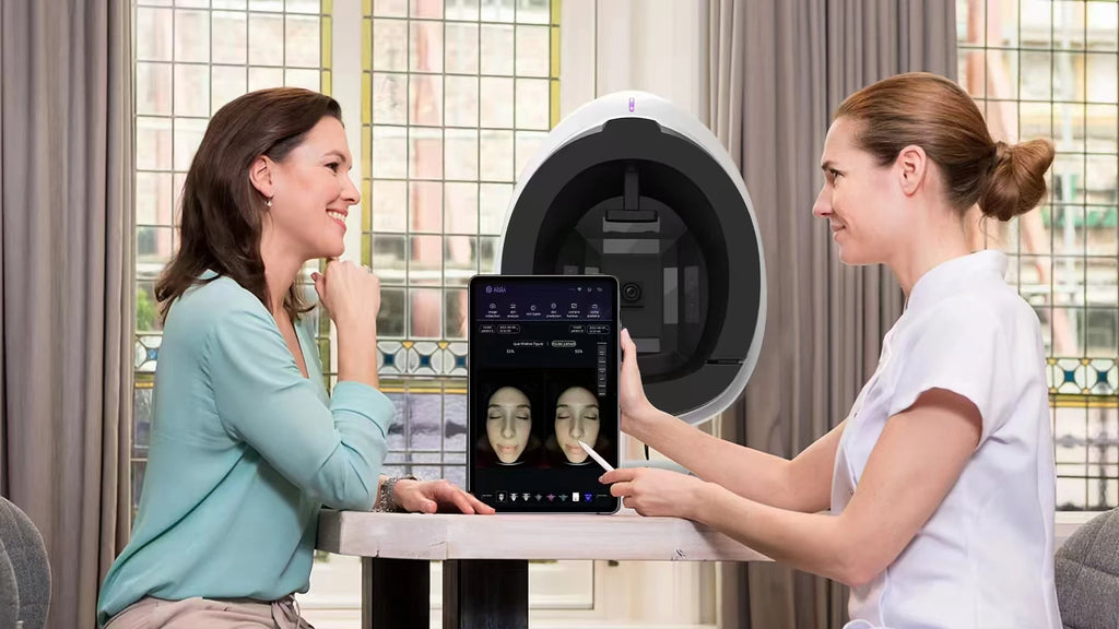 Smart facial skin detection and analysis device with tablet interface for professional anti-aging skin scanning.