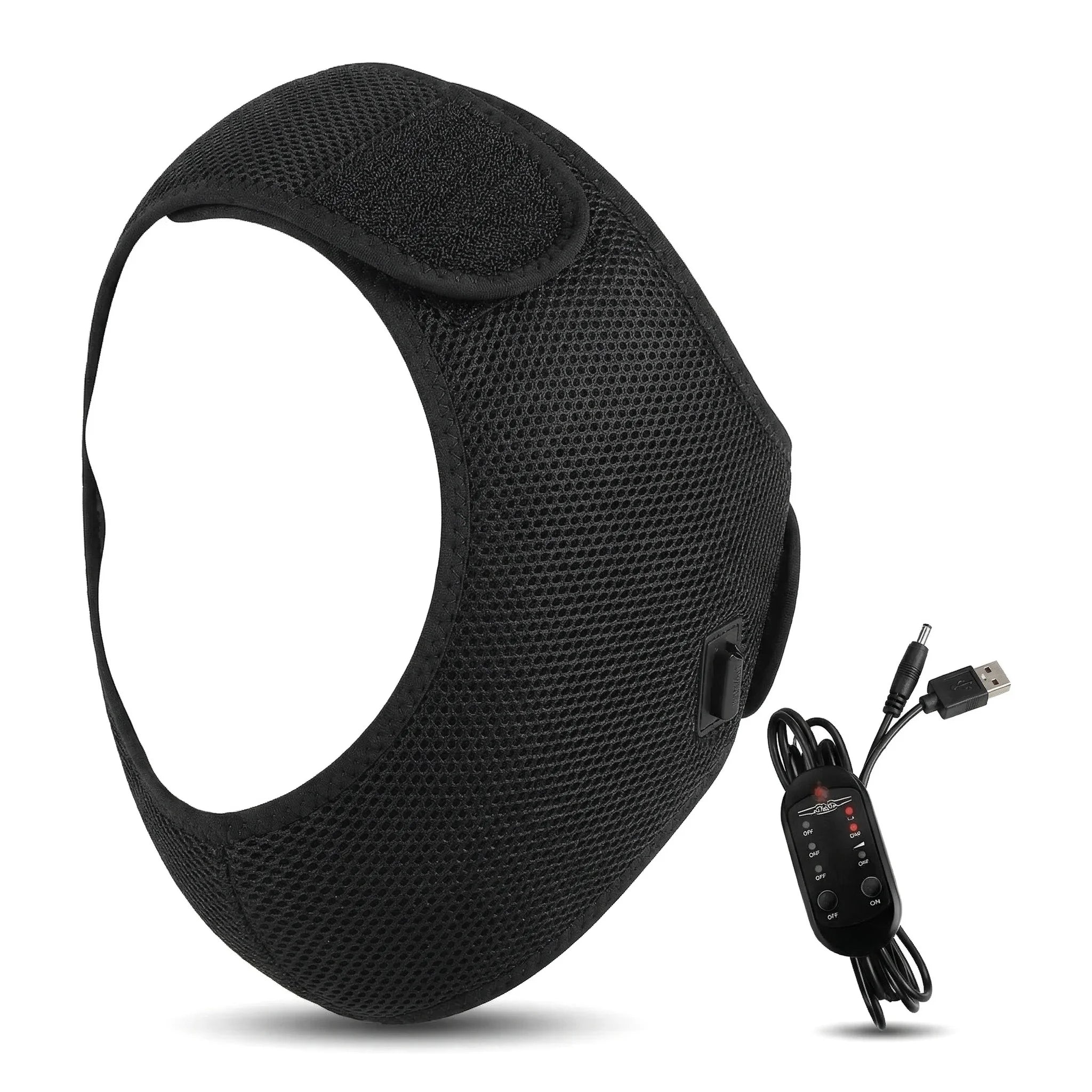 Black mesh face heating wrap for jaw relief with a USB-powered cord and integrated heat/time control remote.