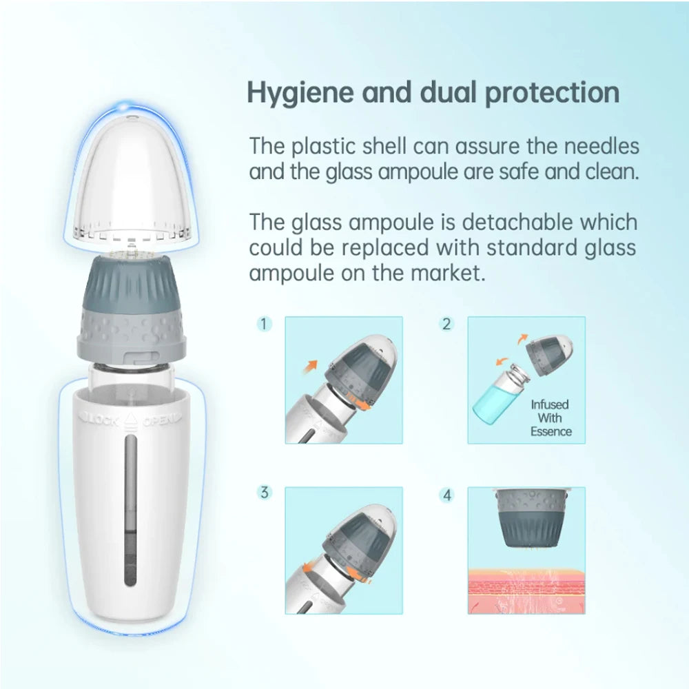 BIO H24 adjustable microneedle derma stamp tool with detachable glass ampoule for hydrating skincare treatment.