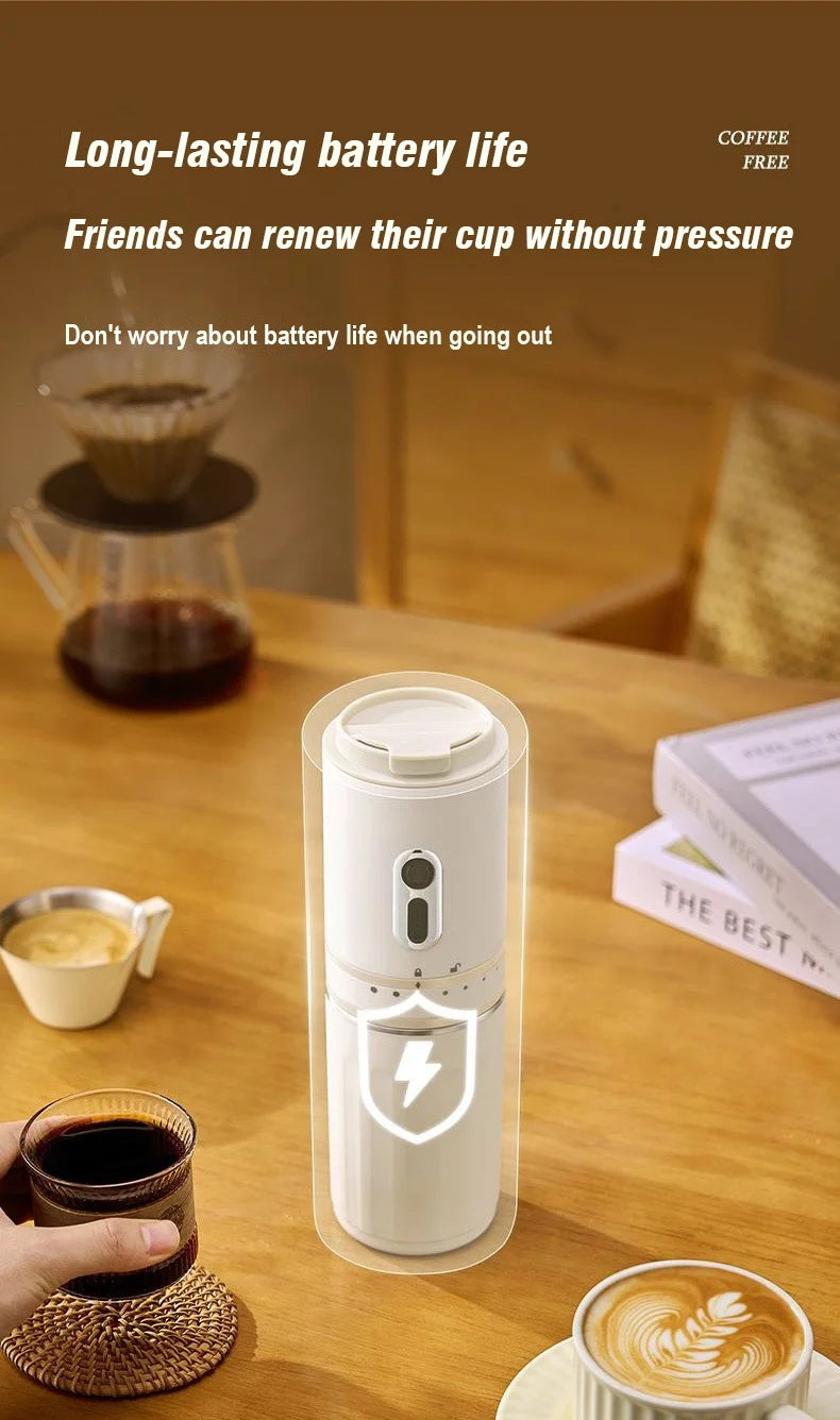 Portable white battery-powered coffee grinder with sleek cylindrical design on a wooden table.