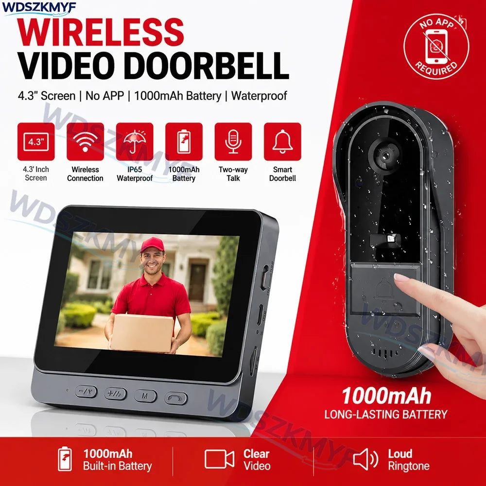 Wireless Wifi Doorbell Camera 1080P Waterproof Video Intercom Doorbell 4.3in IPS Screen Home Security Door Bell IR Night Vision