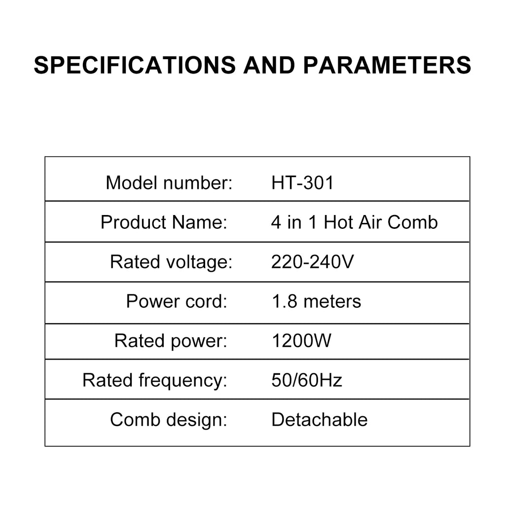 Hatteker 4-in-1 hot air dryer brush specifications chart, 1200W styling tool with detachable comb heads.