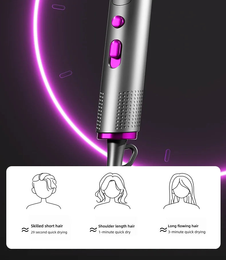 Silver foldable negative ion hair dryer with pink buttons, high-speed motor, and quick-drying settings for all hair.