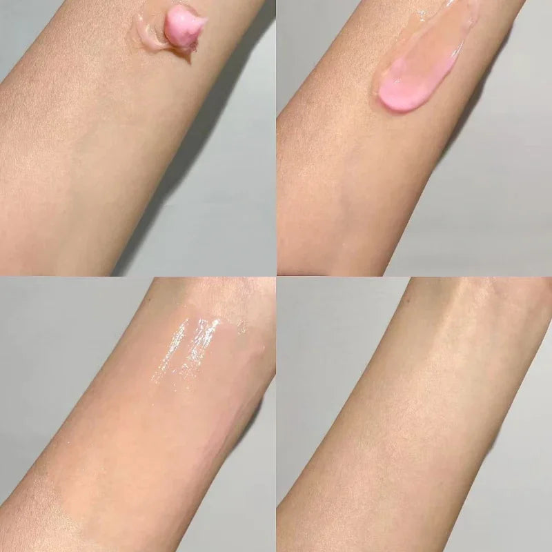 Four-step sequence showing a pale pink, lightweight cream being applied and blended into forearm skin until absorbed.
