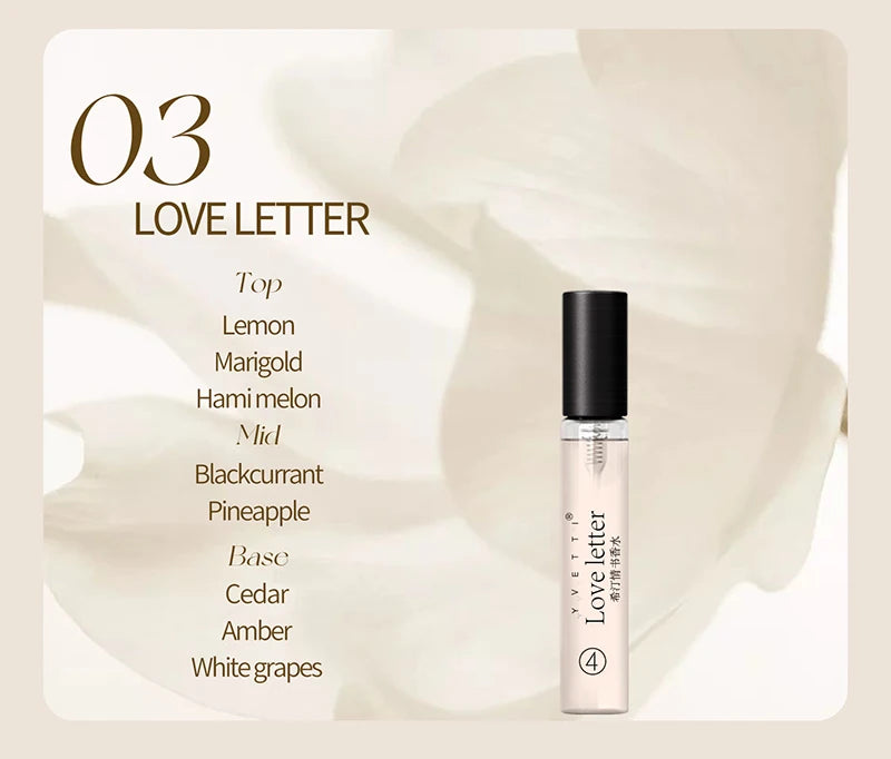 HOPE CHRISTINE Love Letter EDT: Slim vial, fruity-woody notes of lemon, melon, blackcurrant, cedar, amber. Gift perfume.