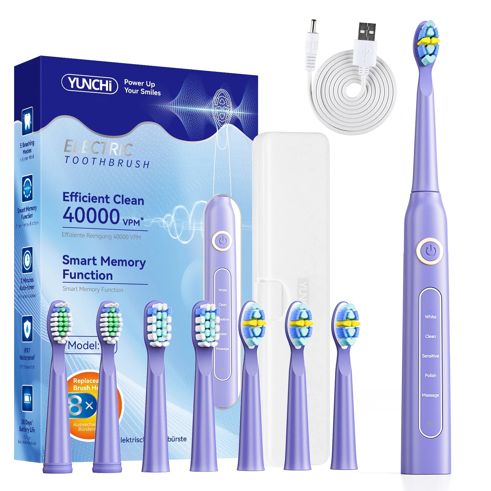 YUNCHi Y5 Sonic Electric Toothbrush Adult Timer Brush USB Rechargeable Electronic Tooth Brush Heads Replacement