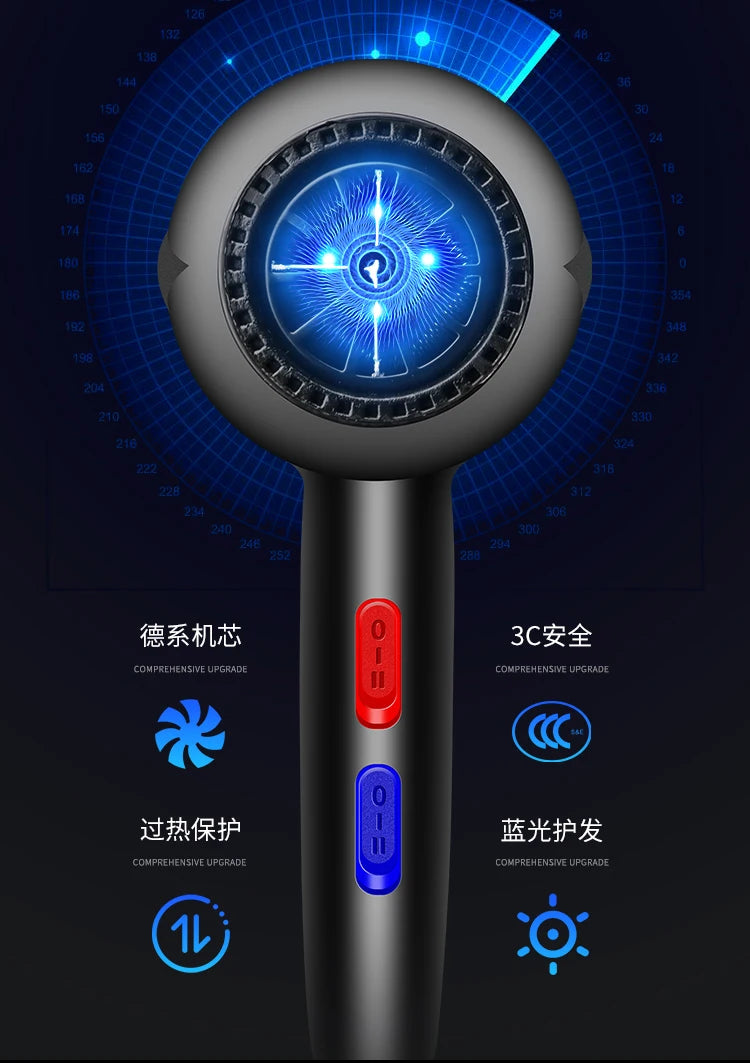Powerful 1800W black hair dryer with blue light ion technology, hot/cold settings, and safety overheating protection.