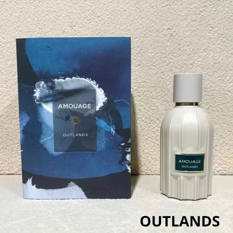 Amouage Outlands EDP 100ml: Unisex woody oriental perfume in a fluted white bottle with elegant gift box packaging.