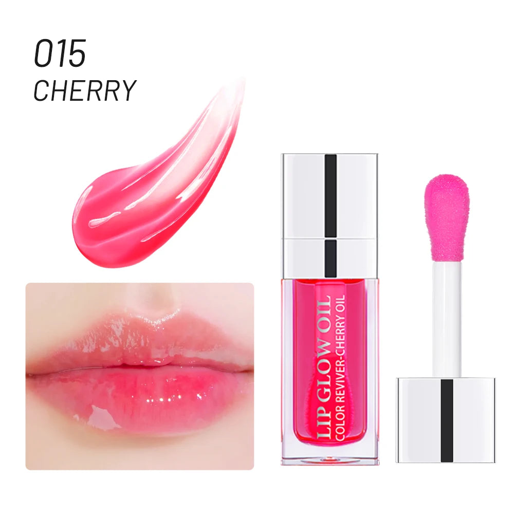 Cherry crystal jelly lip oil with moisturizing plumping gloss finish, showing sheer pink texture and applicator.