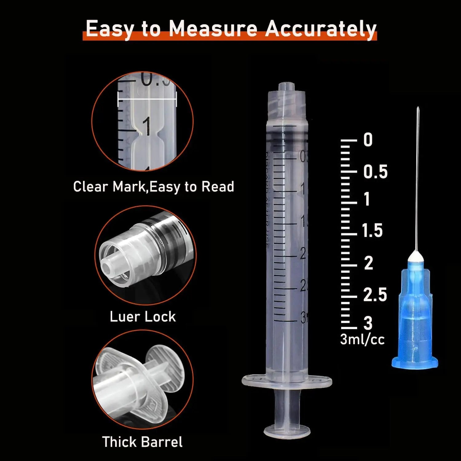 3ml Luer Lock syringe with 23Ga needle for pet meds. Sterile, clear markings for accurate dosing. 10-50 pack.