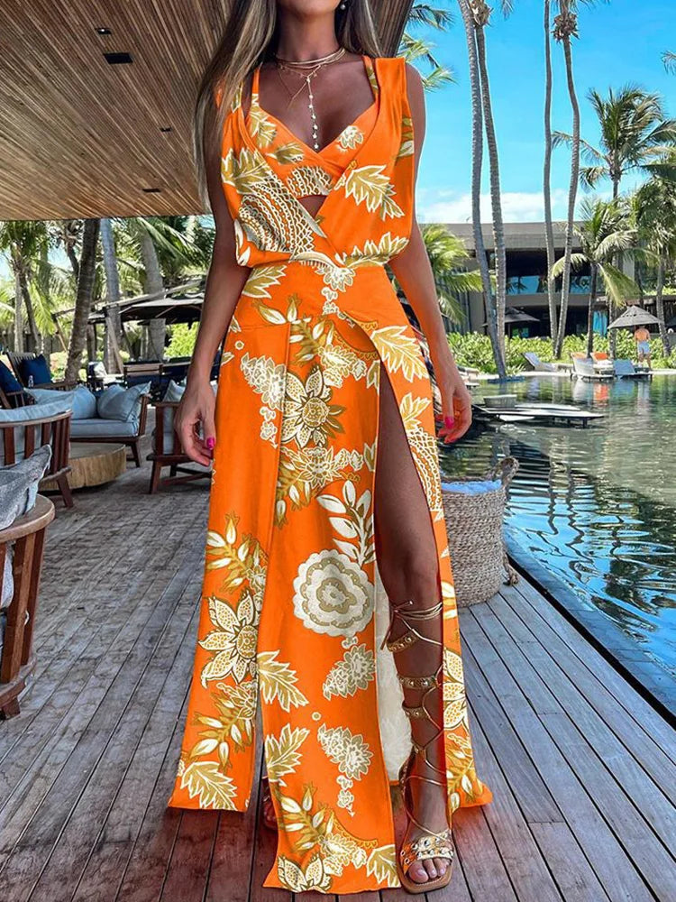 New Sexy Sets Women Summer Beach Style Printed Hollow Out Party Dress Outfit Deep V-Neck Bra Split Dress 2PCS Suits Dropshipping