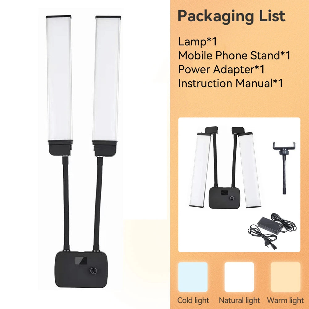 Dual LED light bars on flexible necks with a phone stand, base, and power adapter for adjustable studio lighting.