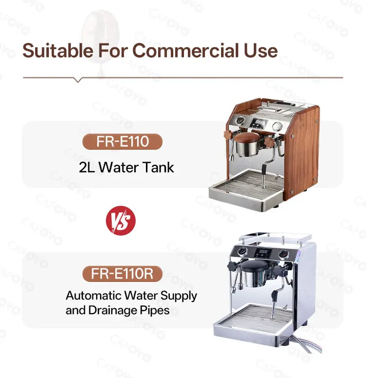 Cafovo FR-E110 commercial espresso machine: 2L stainless steel model with wood accents vs stainless steel automatic.