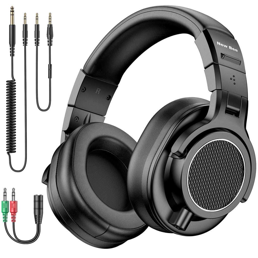 Wired Studio Headphones with Microphone - Over-Ear DJ Monitor (Black) Tidesmit