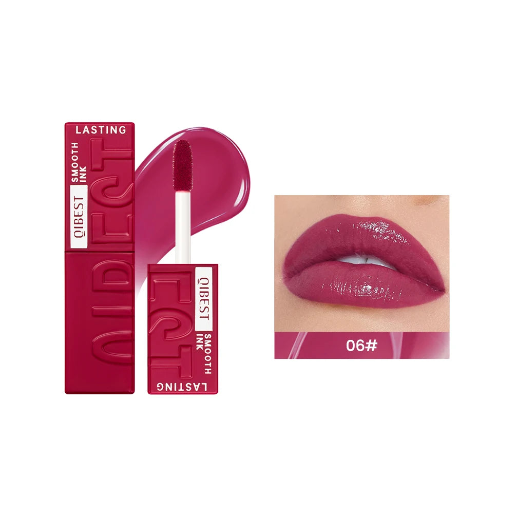 QIBEST berry red watery lip glaze with mirror glossy finish, moisturizing liquid lipstick swatch and applicator.