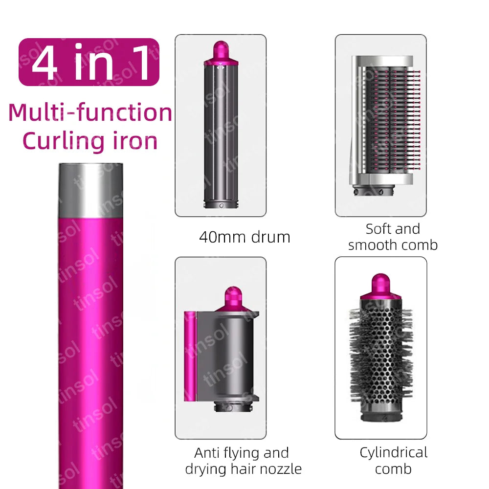 4-in-1 ionic hair dryer set in pink with curling drum, smooth brush, dryer nozzle, and cylindrical comb attachments.