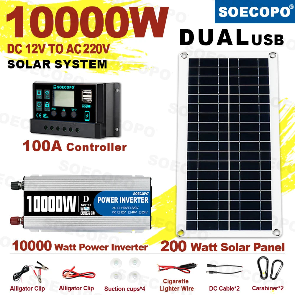 Solar System 10000W Complete Kit 12V To 220V 100A Controller 200W Panel Solar Power Generator for Home/Camping Backup Battery