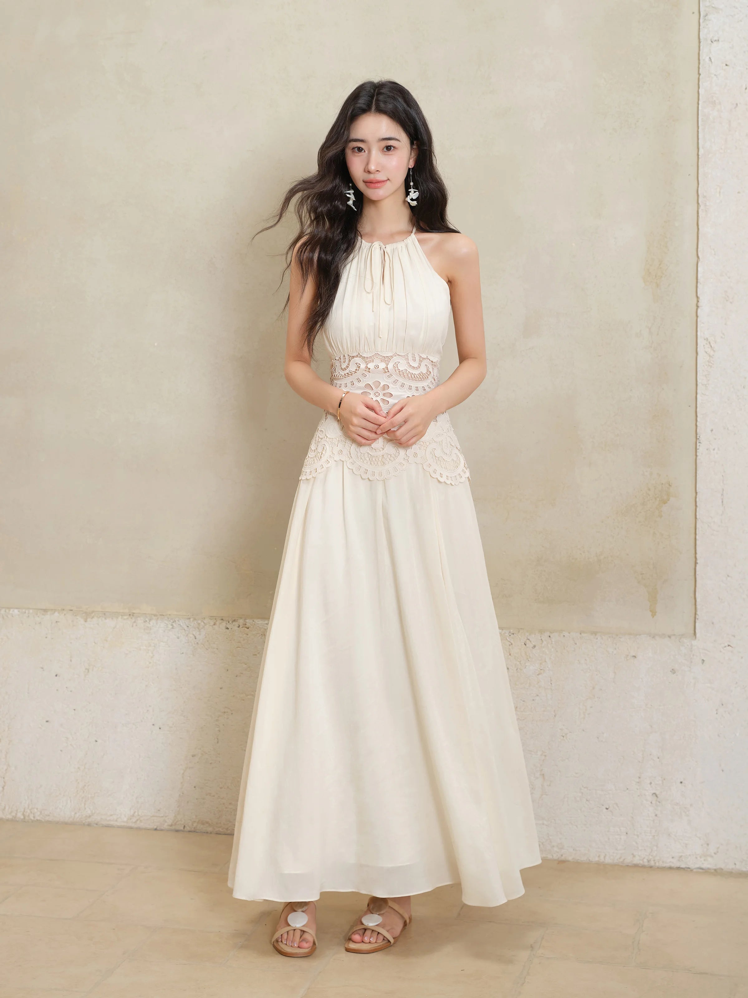 Lace Halter Maxi Dress Women Summer A-Line Slim Fit French Style Elegant Long Dress Hollow Out Sleeveless Fake Two-Piece Outfit