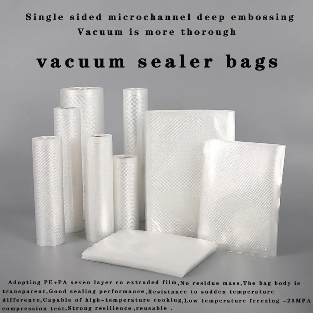 Vacuum sealer bags with microchannel embossed texture, rolls and flat pouches