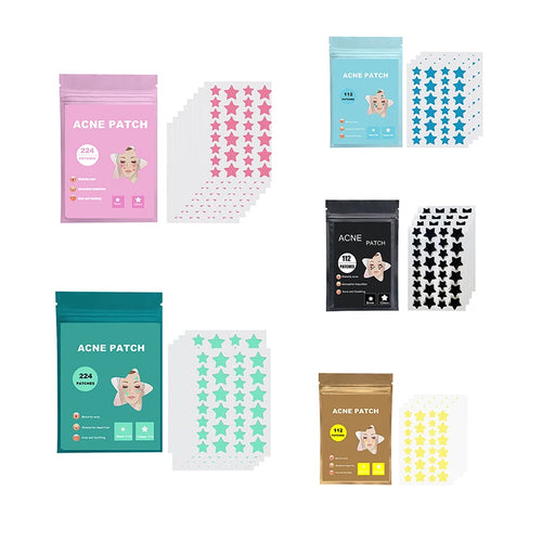 Acne pimple patch sticker set with multiple colored star sheets in sealed pouches