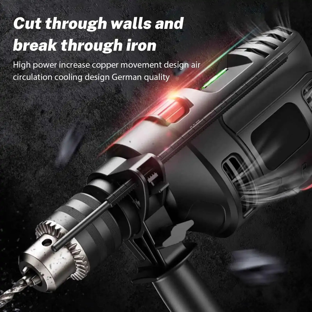 Power drill with metal bit and tool body shown in action on dark surface