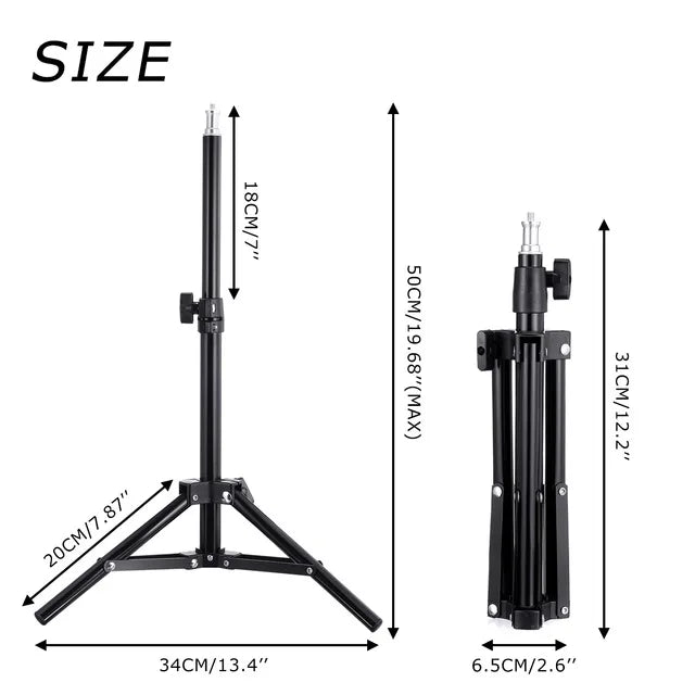 Black metal tripod light stand, shown fully extended at 50cm and folded at 31cm for photography lighting support.