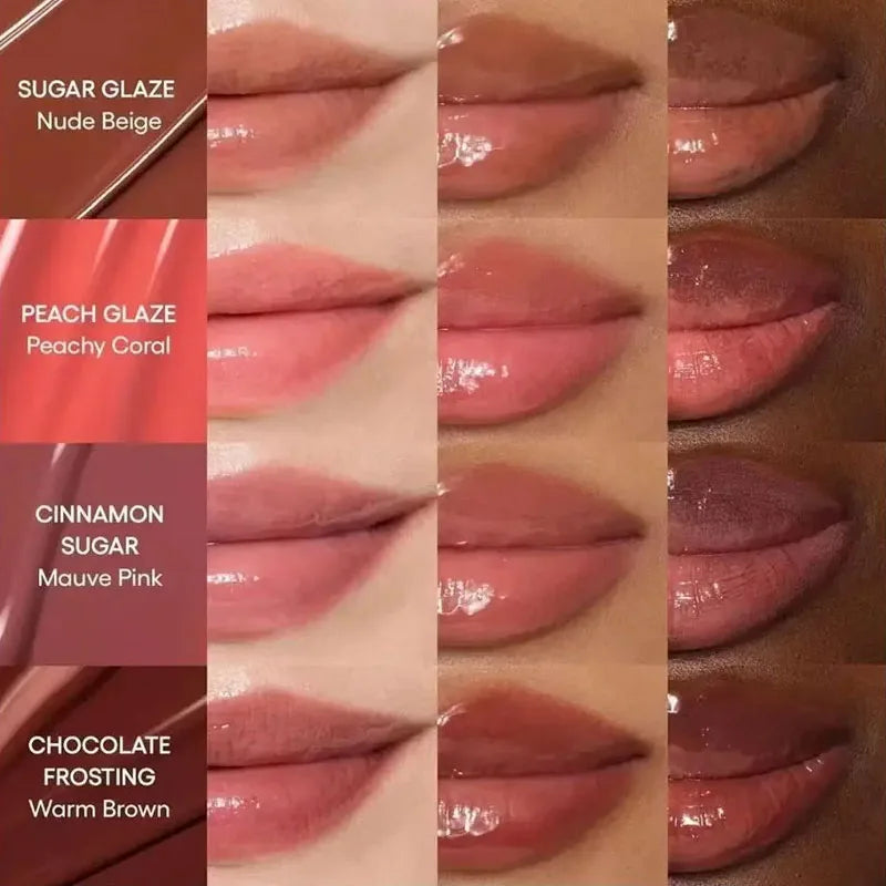 Laneige lip gloss swatches in nude, coral, mauve, and brown with a high-shine, moisturizing plumping effect.