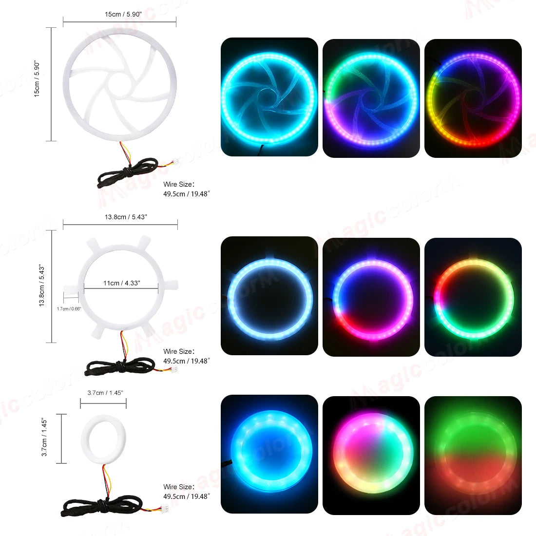 RGB LED halo rings in three sizes, ranging from 3.7cm to 15cm, with white frames for vehicle headlight lighting.