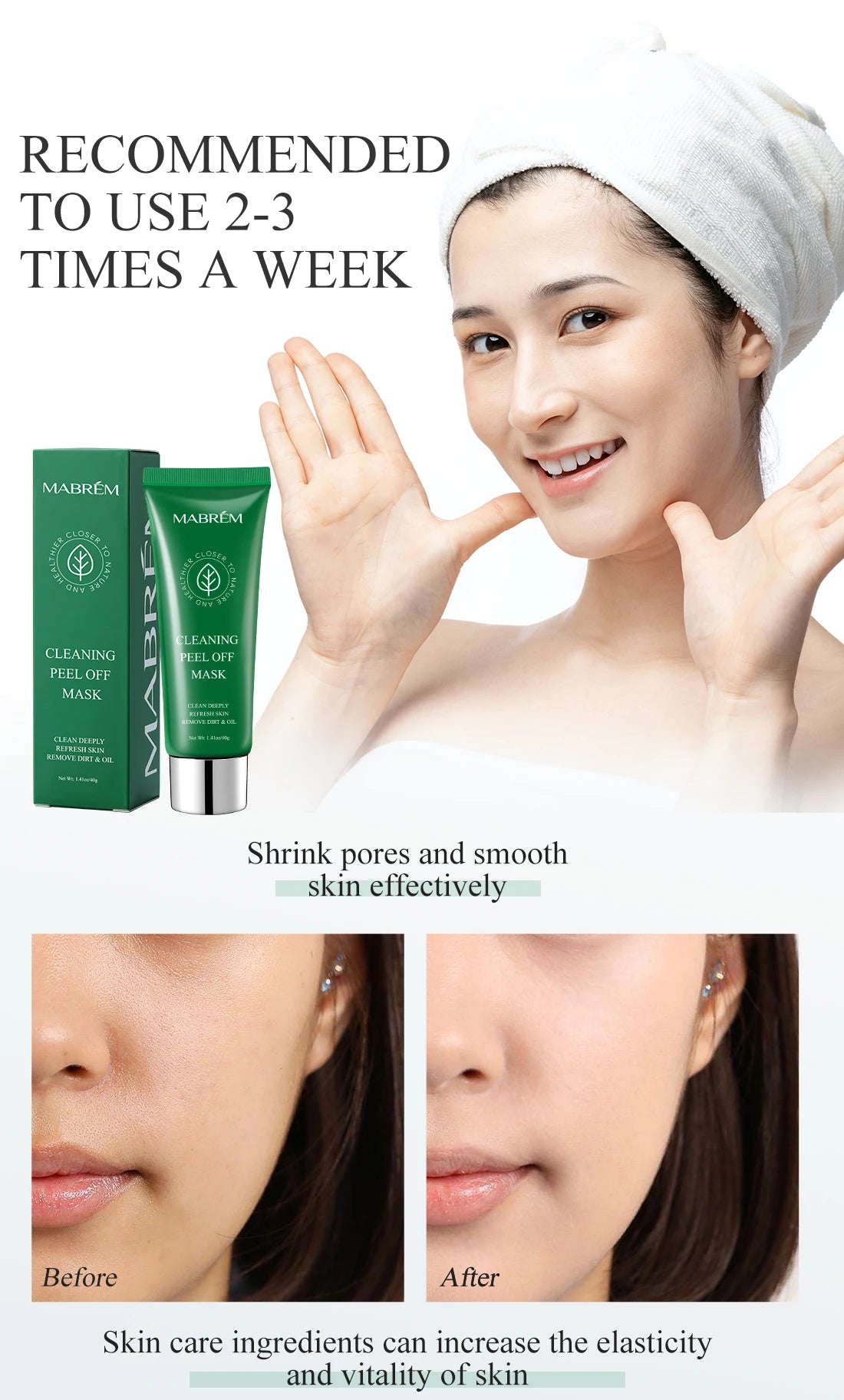 Cleaning peel-off mask in a green tube with box, used to shrink pores and smooth skin, shown with before/after results.