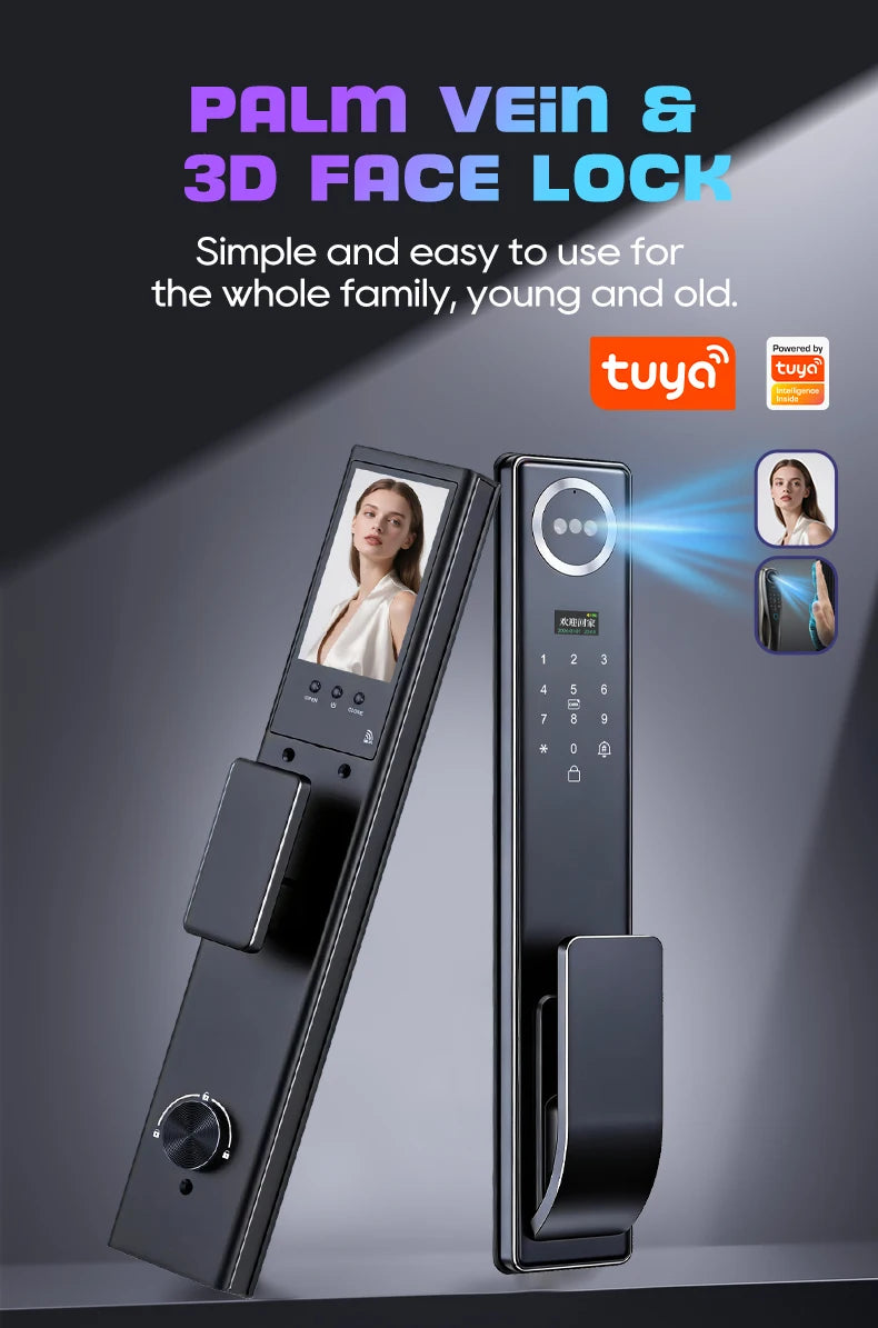 Tuya APP 3D Face Recognition Unlock Digital Door Lock With Camera FIngerprint Password Unlock Keyless Electronic Door Lock