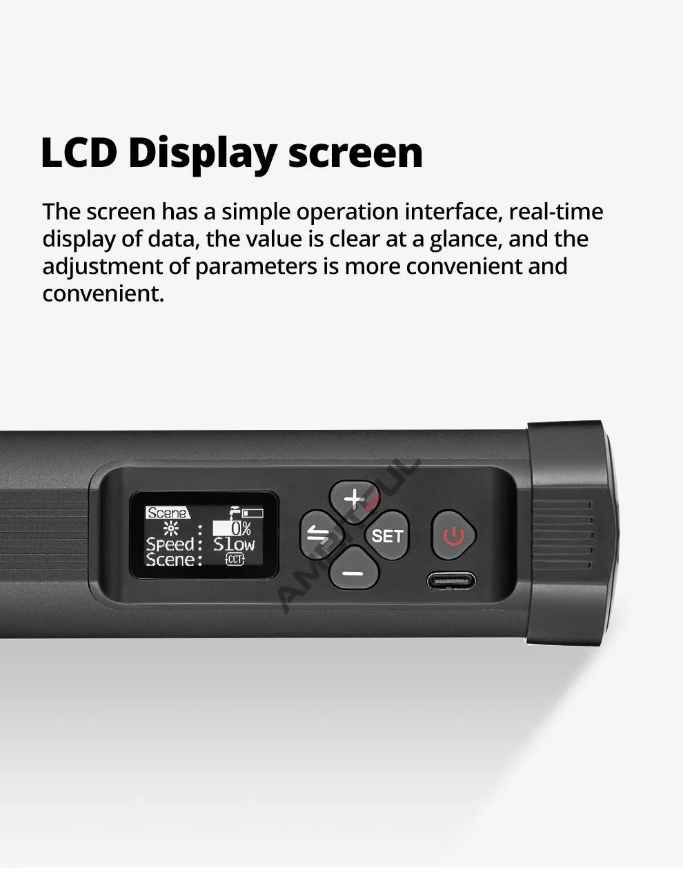 Black tubular light control panel with LCD screen, settings buttons, and a power switch for adjusting lighting modes.