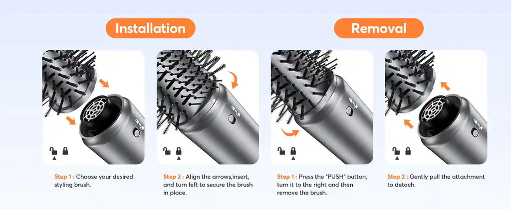Bopcal 5-in-1 hair dryer: tutorial showing how to attach and remove styling brush heads on the grey hot air tool.