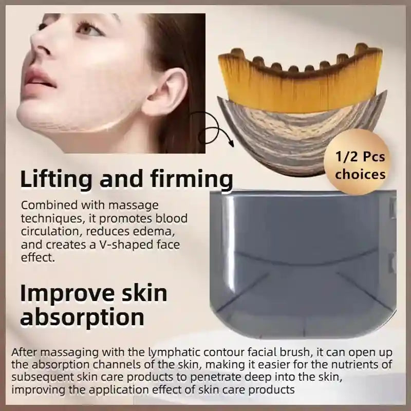 Lymphatic contour facial brush with yellow bristles and a gray, U-shaped handle for skin massage and product absorption.