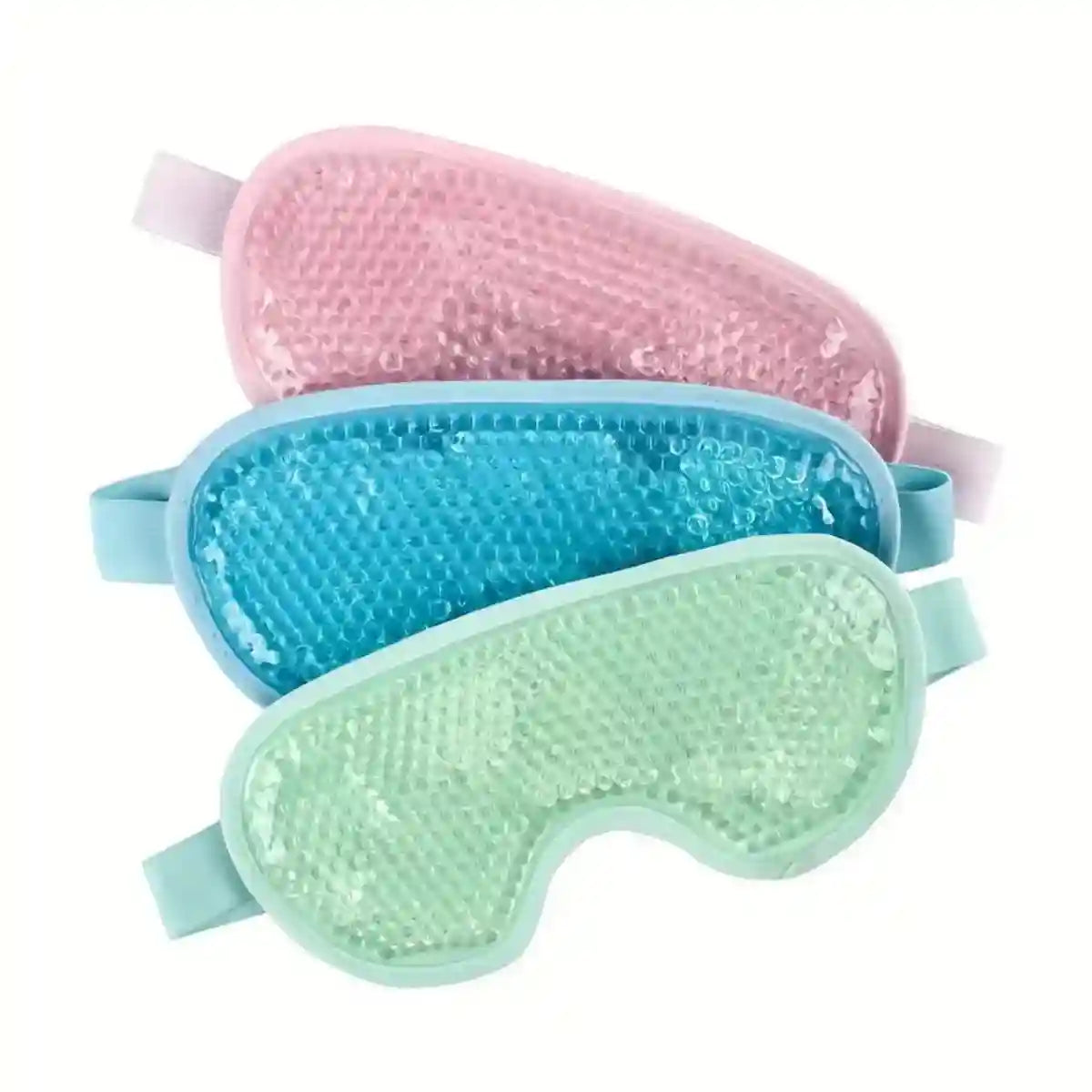 Three gel eye masks in pink, blue, and light green, each with a beaded texture and an adjustable elastic strap.