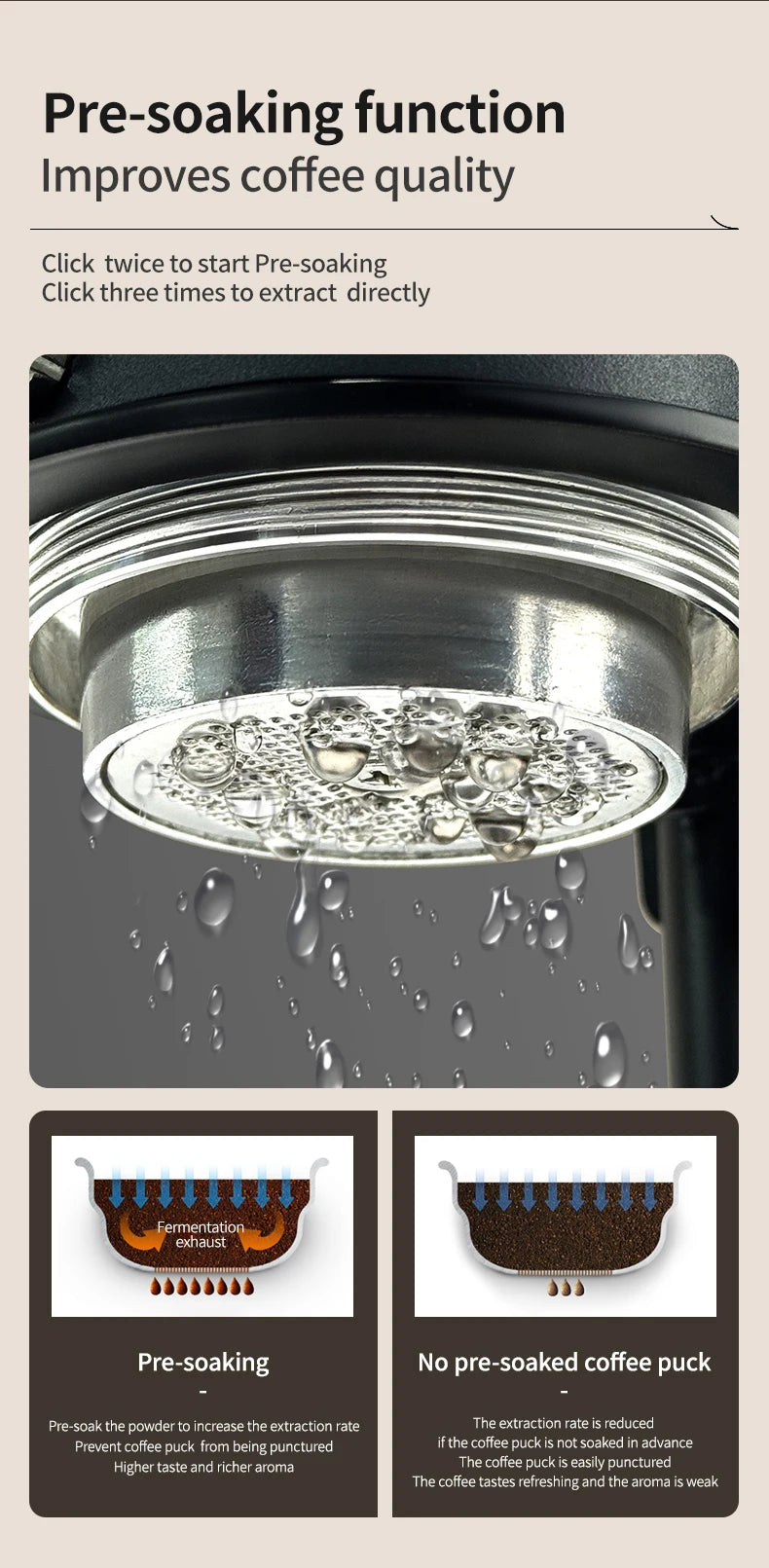 Close-up of a black espresso machine group head showing water droplets for the pre-soaking extraction process.