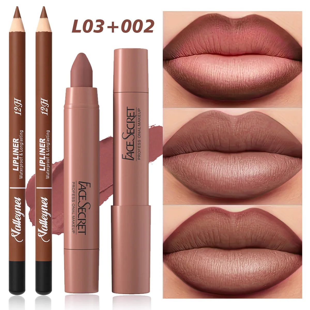 Matte velvet lipstick and waterproof lip liner duo in a long-lasting brown nude shade for a defined, full lip look.