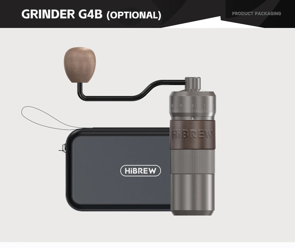 HiBREW G4B manual coffee grinder in grey metal with brown leather grip, wooden handle, and protective carry case.