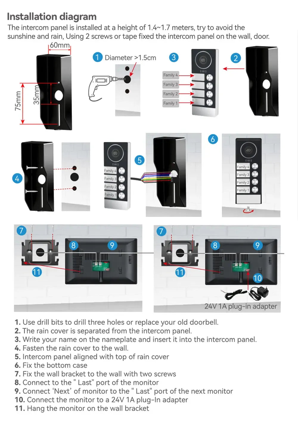 Door intercom installation diagram showing mounting steps and wiring connections