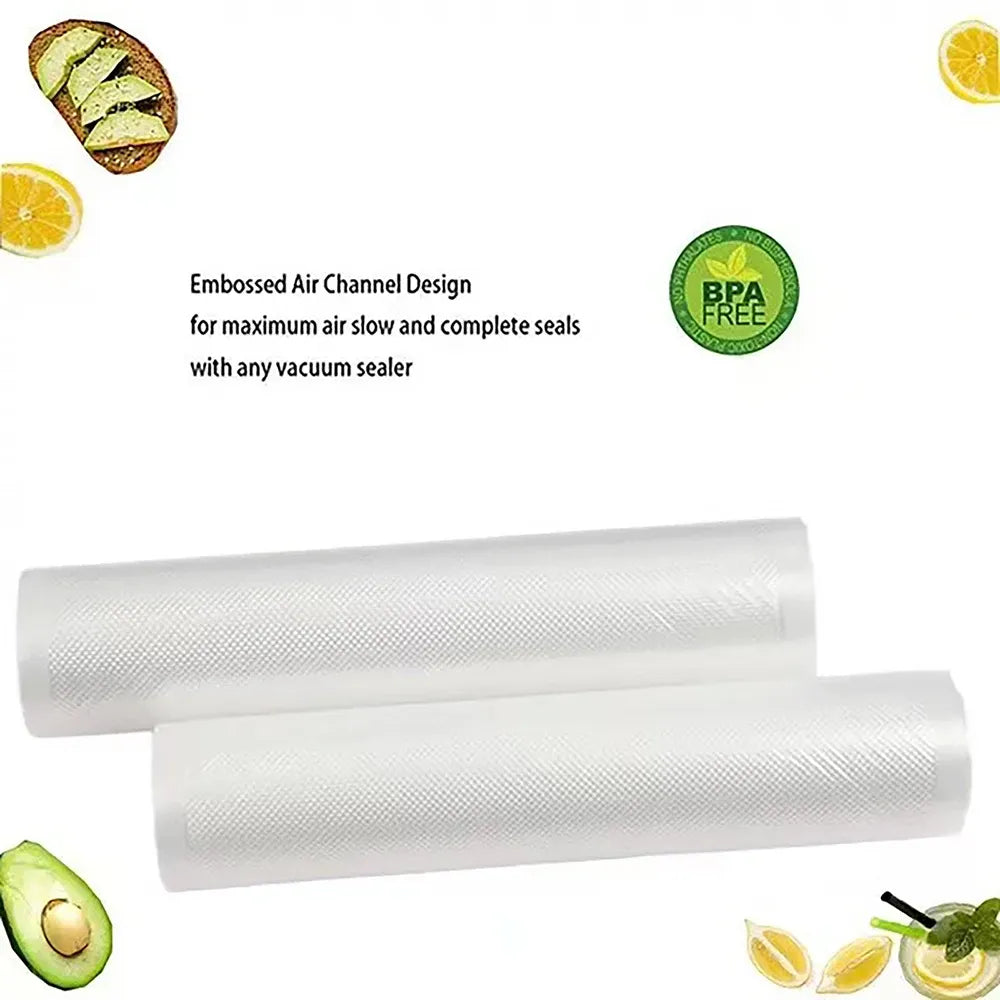 White vacuum sealer bag rolls with BPA-free badge and embossed air channels