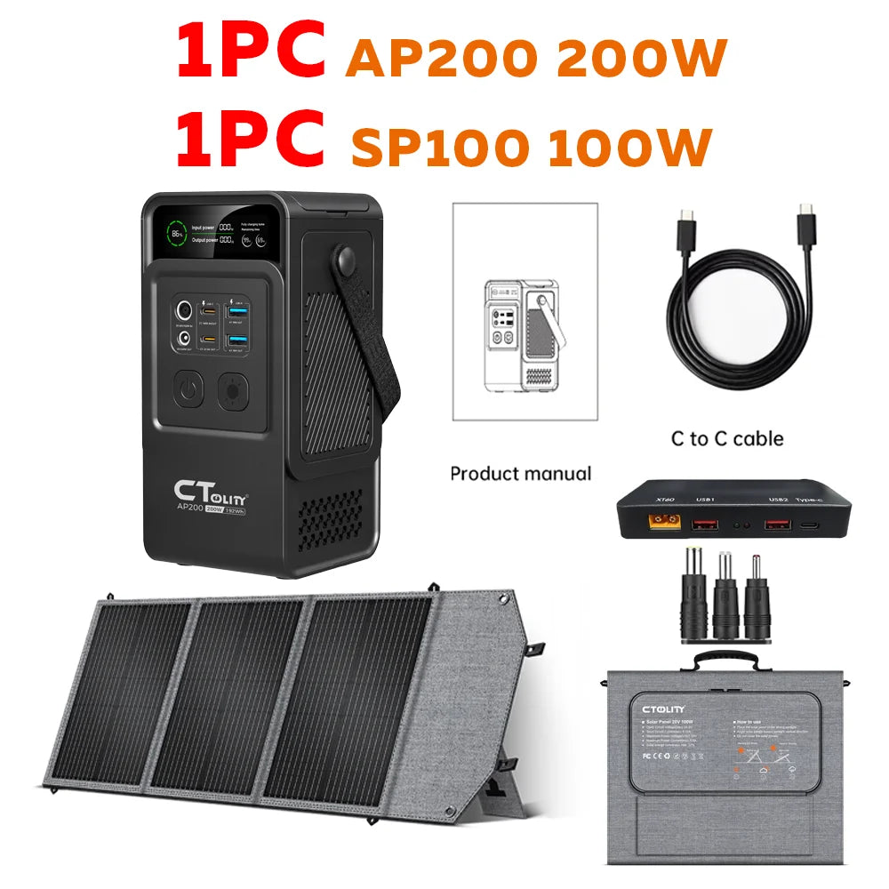 CTOLITY AP200 200W 195Wh 60000mAh Portable Power Station Outdoor Solar Generator Lifepo4 Battery USB TYPE-C SP100 100W Flexible Solar Panel Camping Travel