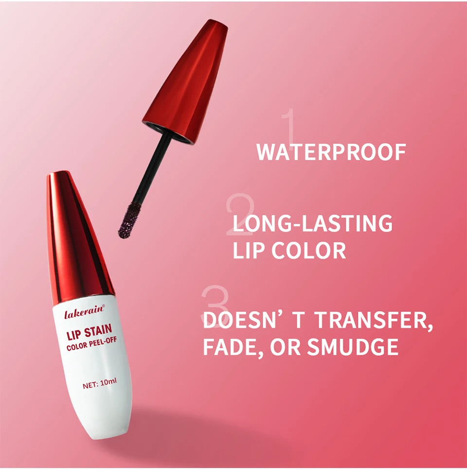 Lakerain waterproof peel-off lip stain with applicator. Long-lasting, transfer-resistant matte lip color on pink background.