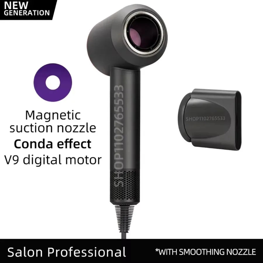 Grey professional ionic hair dryer with V9 digital motor, magnetic smoothing nozzle, and leafless design.