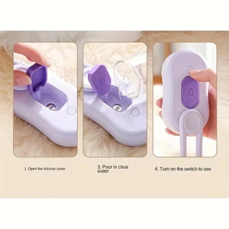 Purple 3-in-1 steam pet brush for cats and dogs, USB rechargeable grooming tool with silicone bristles for easy use.