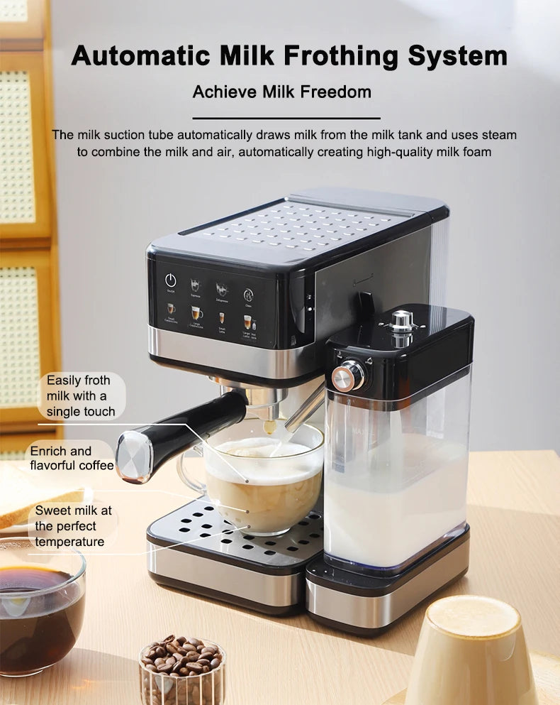 Black and silver automatic espresso machine with integrated milk frothing tank making a creamy latte.