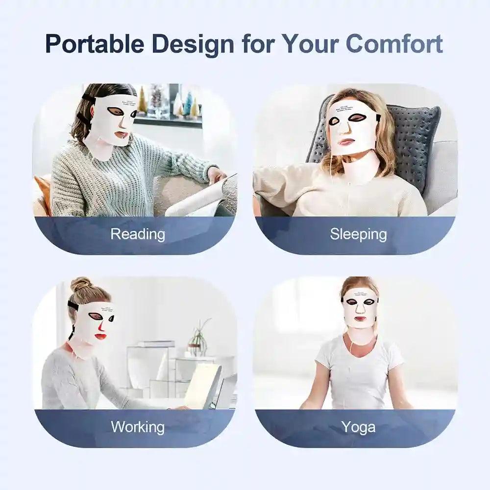 White LED light therapy facial mask with neck attachment, shown being worn while reading, sleeping, working, or yoga.