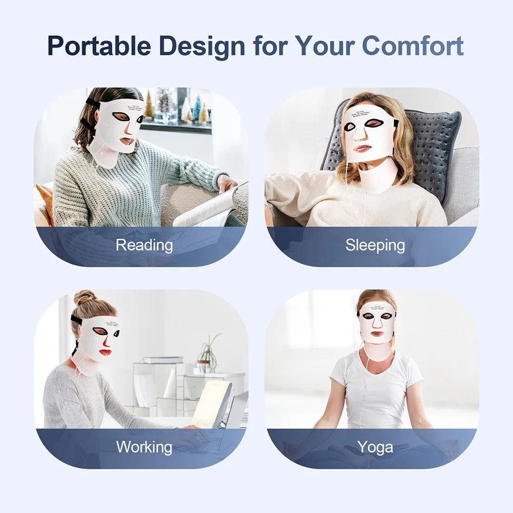 Four scenes showing a woman wearing a flexible white silicone LED face and neck therapy mask while active.