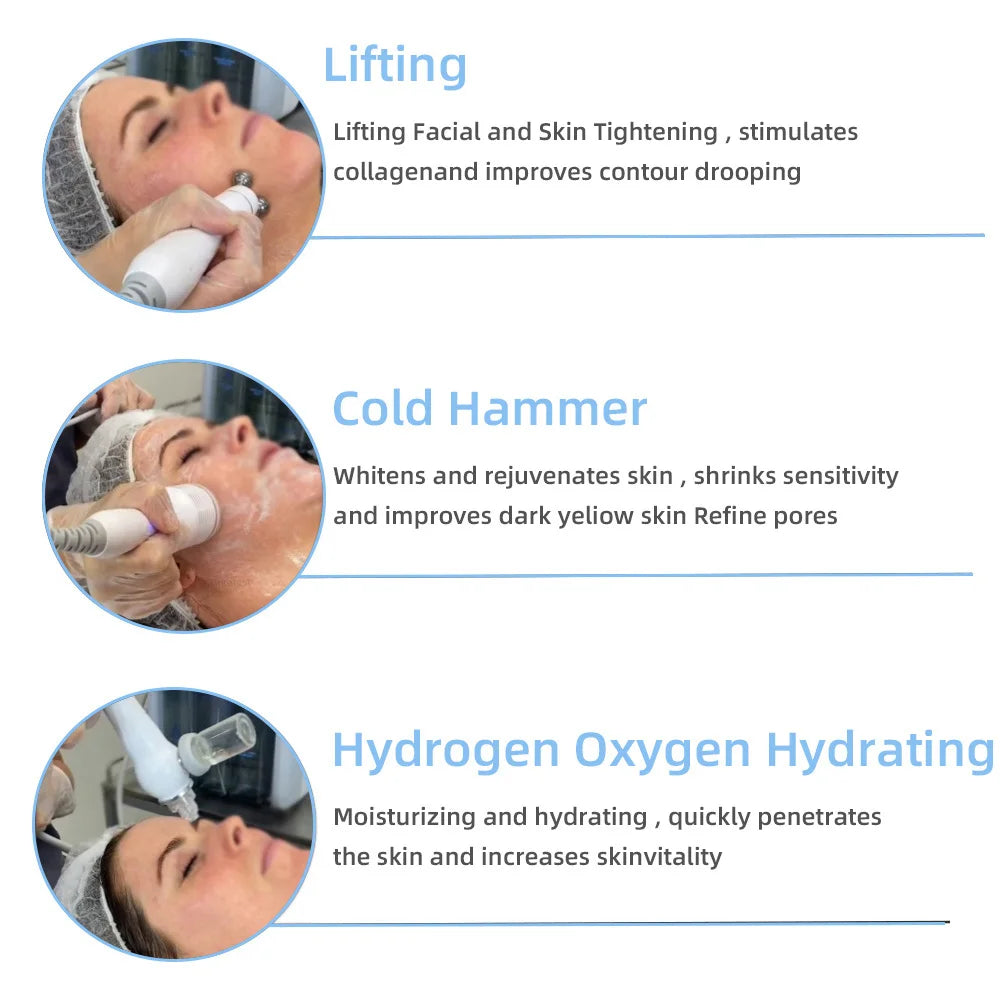 7-in-1 hydro facial machine for skin lifting, cold hammer rejuvenation, and hydrogen oxygen hydration deep cleansing.