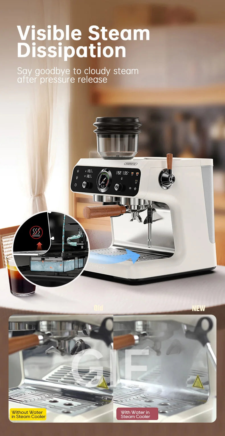 HiBREW white espresso machine with wood handle, digital display, and integrated steam cooling technology for home.